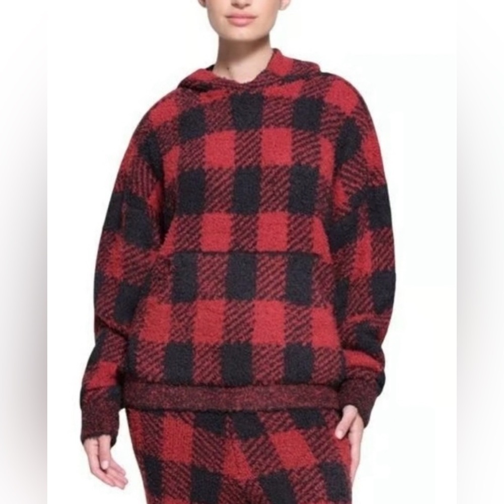 Skims Cozy Knit Hoodie Red and Black Plaid Brick Buffalo Pattern Cabincore S/M